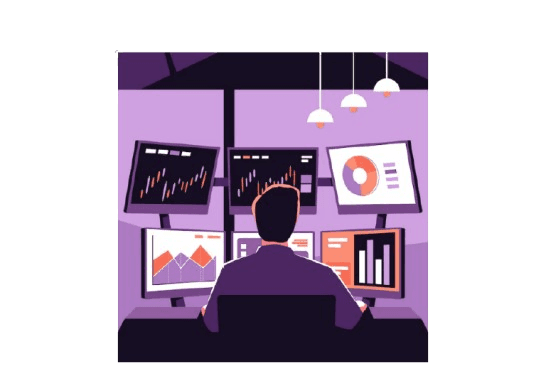 Dual-screen setup, trader analyzing markets